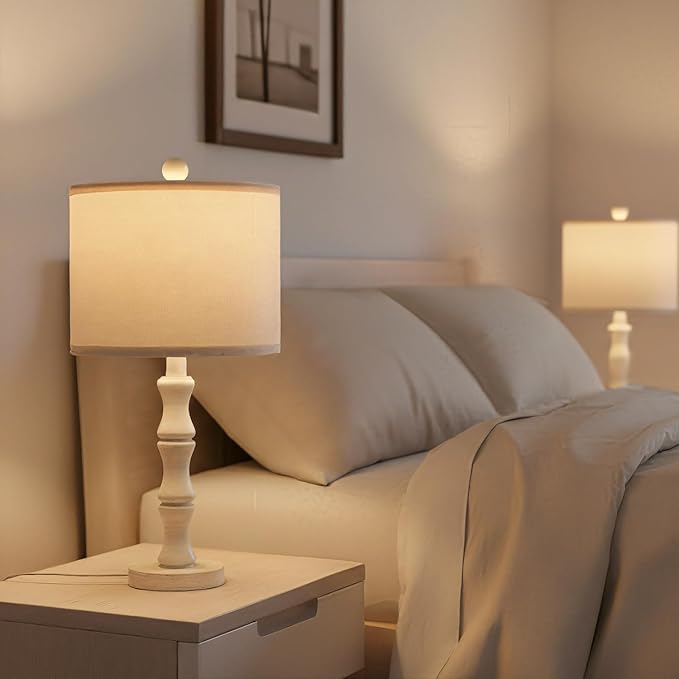BOBOMOMO 20.5" Farmhouse Bedside Lamps Set of 2, Vintage Nightstand Lamps with Antique White Resin Base & Linen Shade, Small Table Lamps for Bedroom, Living Room, Nursery & Light Neutral Home Décor