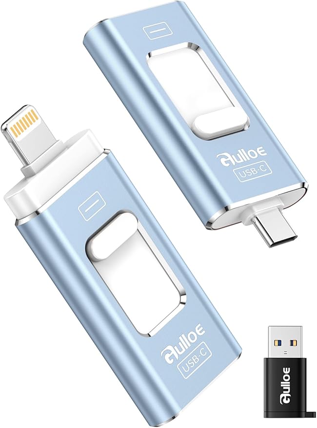 Gulloe 256GB Dual Interface Flash Drive for Phone Storage Photos Videos, Phone USB Backup External Photo Memory Stick - No App Required, Compatible with iPhone, iPad, Android & PC (Mist Blue)