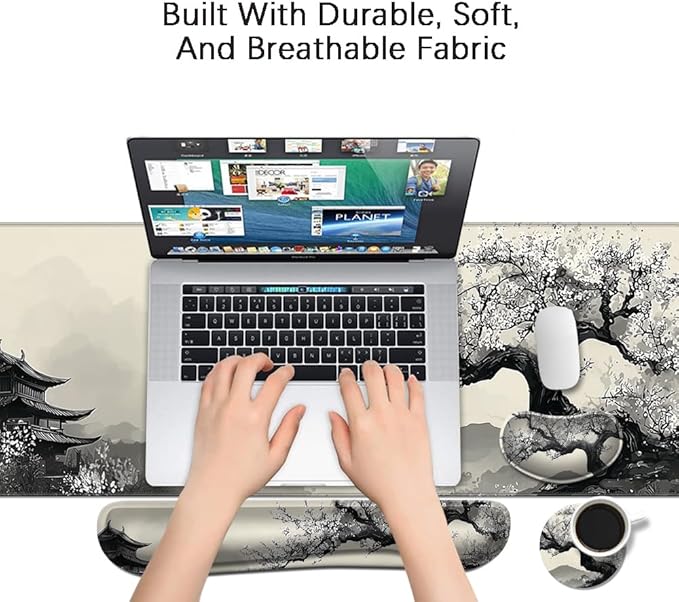 Desk Mat, Large Gaming Mouse Pad with Wrist Rest, 4 in1 XXL Mouse pad+Keyboard Wrist Rest+Mouse Pad Wrist Support+Cup Coaster Set, Ergonomic Desk Pad for Home Office, Japanese Cherry