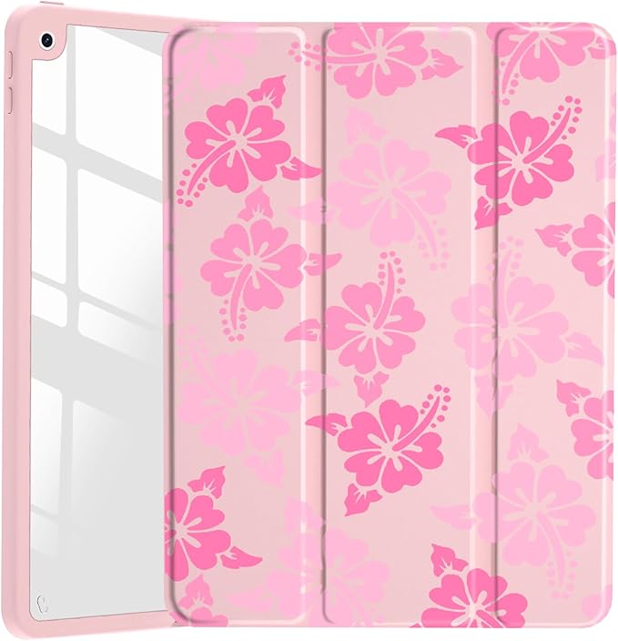JOYLAND Pink Hibiscus Flower Case for iPad Pro 11-inch (M4) 2024 5th Generation,Clear Acrylic Hard Back Pink Case with Pencil Holder Trifold Stand Tablet Cover (Model Number:A2836/A2837/A3006)
