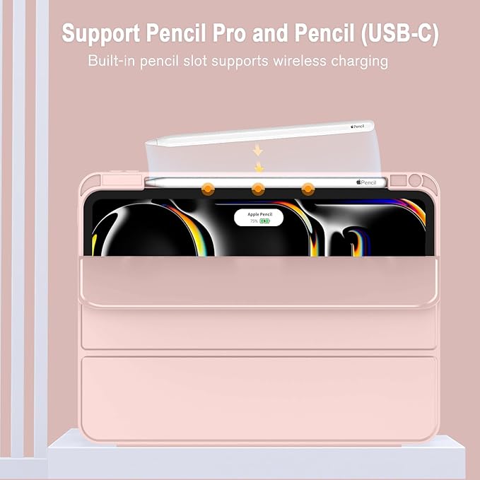 ZryXal New iPad Pro 13 Inch Case (M5) 2025 / (M4) 2024 with Pencil Holder, Smart iPad Case [Support Pencil Pro and Pencil (USB-C)], Support Touch ID and Auto Wake/Sleep (Rose Pink)