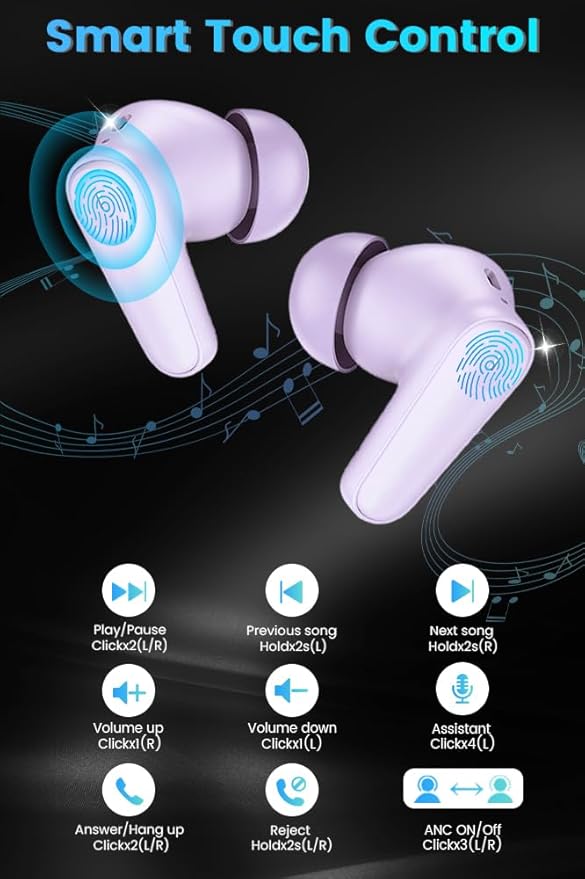 Piluyaa Wireless Earbuds Bluetooth 5.4 Headphones in Ear Buds, True ANC+ENC Noise Cancelling Earbuds, HiFi Stereo Deep Bass Earphones for Sports/Workout-Purple