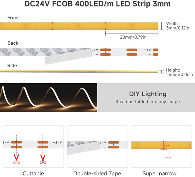 BTF-LIGHTING FCOB COB 3mm Width UL Listed Super Narrow Flexible Uniform LED Strip Light 16.4FT DC24V 3000K CRI 90+ Dimmable LED Ribbon for Kitchen Home Indoor Decor(No Adapter or Controller)