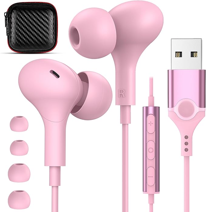 USB Headphones with Microphone for Laptop,7.5ft Magnetic Wired Earbuds Noise Canceling in-Ear Earphones with Mute Mic Volume Control Stereo Bass for PC Desktop Dell HP Acer Laptop,School,Women/Girl