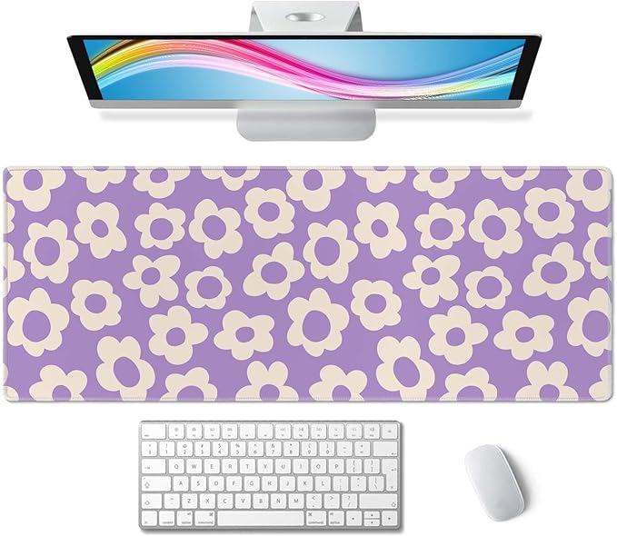 Gaming Large Mouse Pad with Stitched Edges, Vintage Groovy Flowers Purple Desk Mat, Extended Keyboard Pad, Non-Slip Rubber Base Desk Pad for Keyboard and Mouse, 31.5X11.8 inch