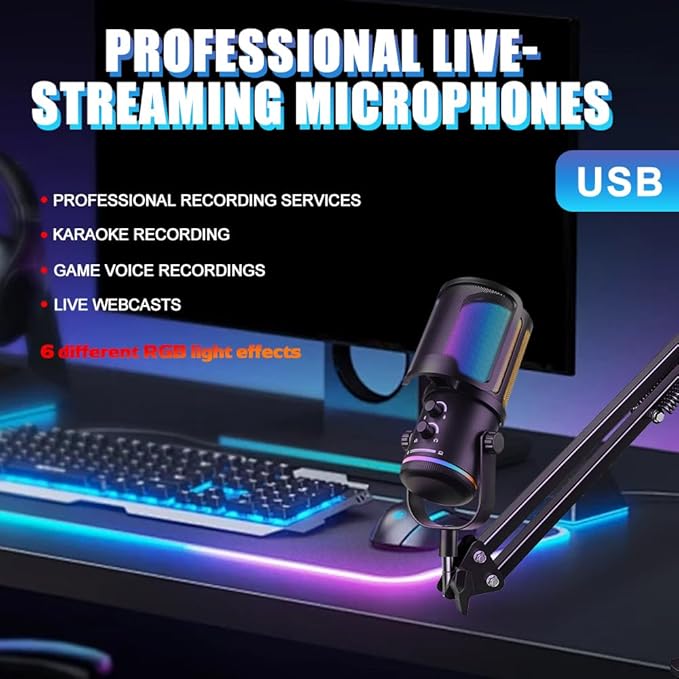 M16 USB Microphone with Boom Arm - PC Mic for Streaming, Podcasting, Vocal Recording Singing YouTube RGB Condenser Kit with Noise Cancellation, Monitor Mix Knob, Mute & Pop Filter Black