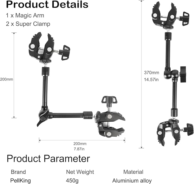PellKing Magic Arm Clamp Kit, Camera Mount Articulating Friction Arm w 2 Pcs Super Clamp, w 1/4"-20 Screw and Thread Hole, for Camera, Light, Monitor, Webcam or Action Camera 2kg, for Table, Tube
