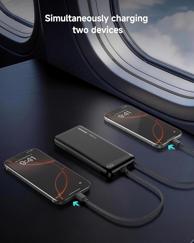 Ultra-Thin 20,000mAh Power Bank, 45W Max Fast Charging Battery Pack, Built-in USB-C Cable for iPhone 17/16 Series, Galaxy, MacBook, and More
