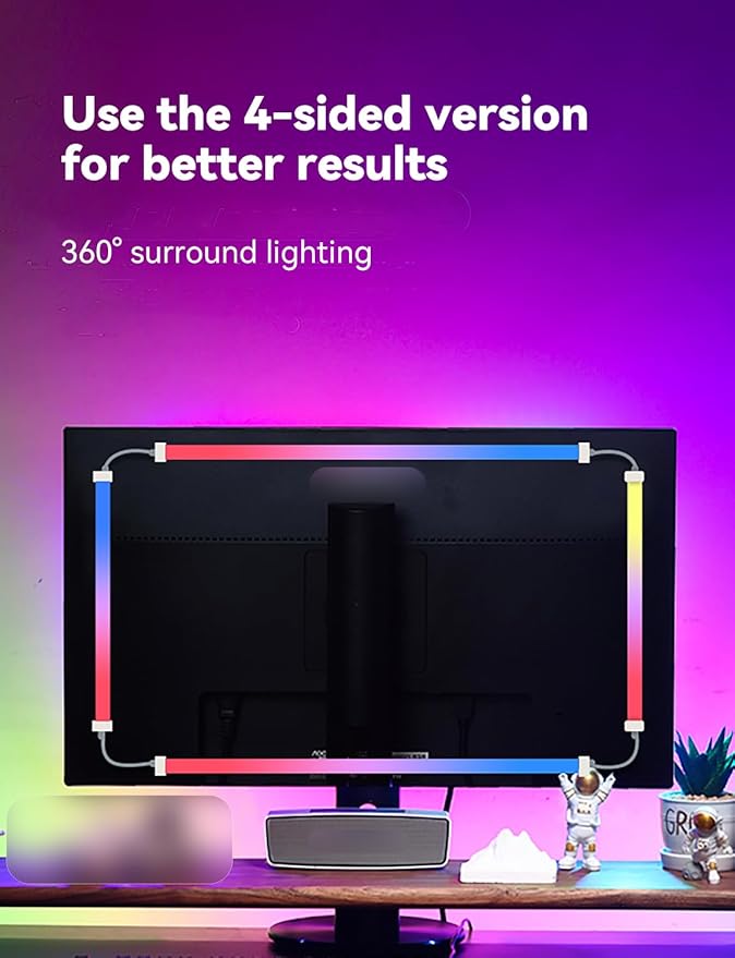Monitor LED Backlights for PC & Mac, LED Strip Light Sync with Screen Color/Music, Computer Light Bar Behind Screen, LEDs for Desk Gaming, USB Port,Software Control, G100 (4-Side 24inch)