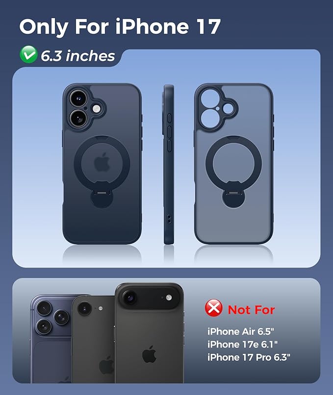 FNTCASE for iPhone 17 Case: [360 Spin Magnetic Stand] [Compatible with Magsafe] [Screen Protector] Translucent Matte Military Grade Shockproof Full Camera Protective Phone Cover - Deep Blue
