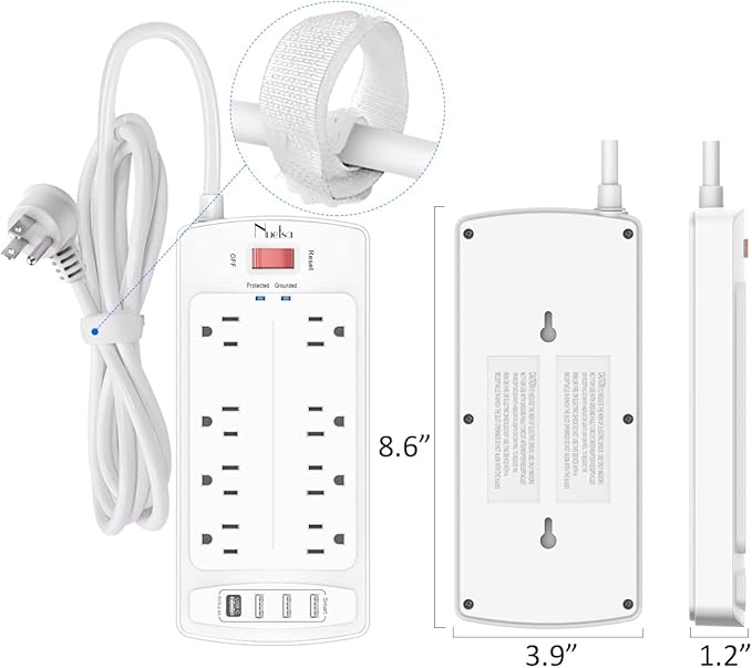Surge Protector Power Strip - Nuetsa Flat Plug Extension Cord with 8 Outlets and 4 USB Ports, 20 Feet Power Cord (1625W/13A), 2700 Joules, ETL Listed, White