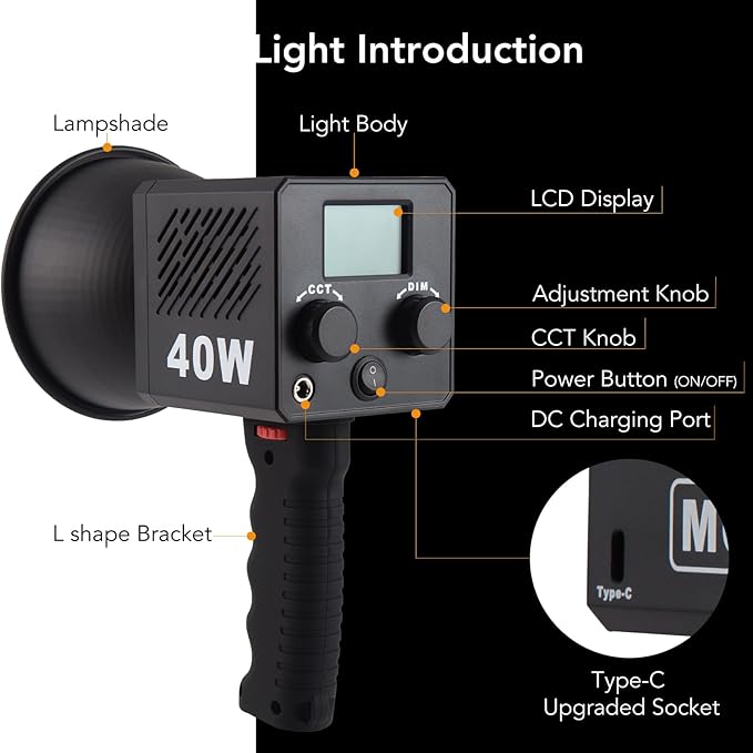 M60 Handle LED Video Light with Soft Box Protable Mini COB LED Bi-Color 2500-8500K CRI≥95 TLCI≥97 Built-in 3400mAh Battery Photo Studio Lights Vlog Shoot Fill Lighting 8 Scenes (M60 Handle lamp)