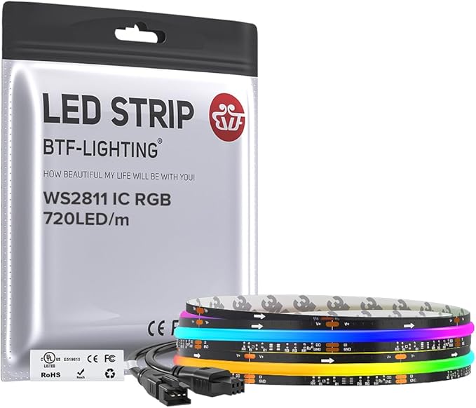 BTF-LIGHTING WS2811 Smart IC RGB FCOB COB LED Strip, UL Listed 720LEDs/m High Density Color Chasing Uniform Light, DC24V 3.28FT 12mm Width Black PCB for Home Party DIY Decor(No Adapter or Controller)