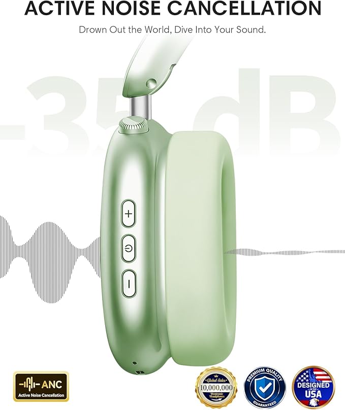 Wentronic Y02 Active Noise Cancelling Headphones, Wireless Over-Ear Bluetooth 5.4 Headphones, Multiple Modes, 60H Playtime, Hi-Res Audio, Big Bass, Foldable Lightweight for Travel Home Office, Green