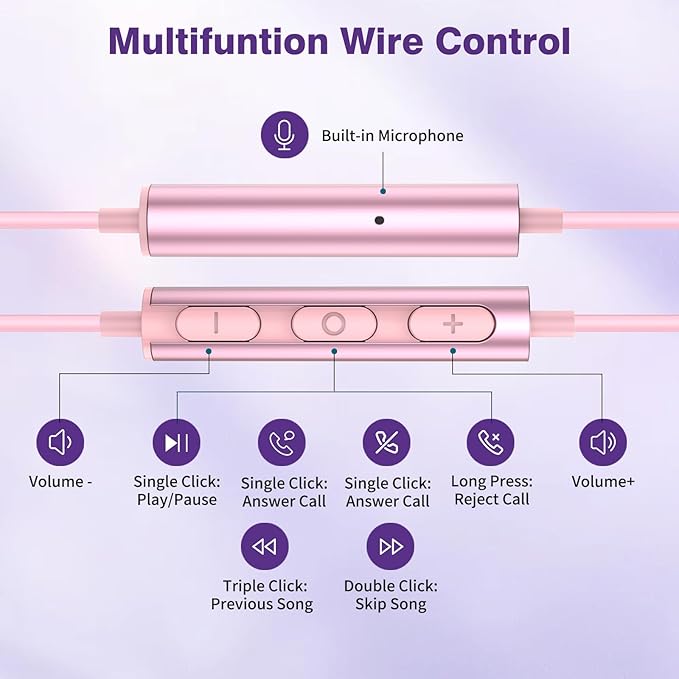 USB C Headphones for iPhone 17 16 15 Plus/Galaxy S26 S25 Wired Earbuds with Microphone for Samsung S24 S23 S22 S21 S20 Ultra, Magnetic Noise Canceling in-Ear Type C Earphone for iPad 10/Pixel 8a, Pink