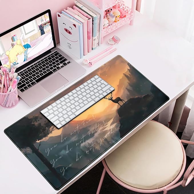 Misty Forest Desk Pad Mat Anime Mouse Pad Gaming Playmat, Large Mouse Pad Deer Desk Mouse Laptop Keyboard Pad Computer Mats for Desktop Full Desk Mouse Pads Office Desk Game(31.5x15.8 in)
