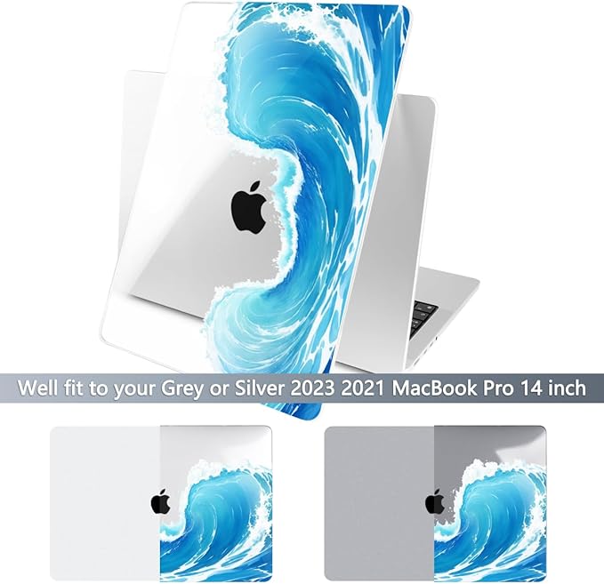 Batianda for MacBook Pro 14 Inch Case 2026-2021 Release M5 M4 M3 M2 M1 Pro/Max, 1.2mm Slim Graphic Hard Shell Cover with Keyboard Cover, Screen Protector 4-in-1 Bundle, Blue Waves