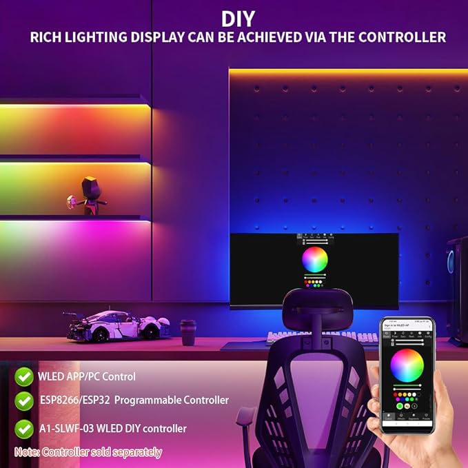 WS2812B IC RGB 5050SMD ECO Individual Addressable LED Strip Light, 16.4FT 300LED 60LED/m Flexible Full Color IP65 Waterproof DC5V White PCB for DIY Project (No Power Adapter or Controller)