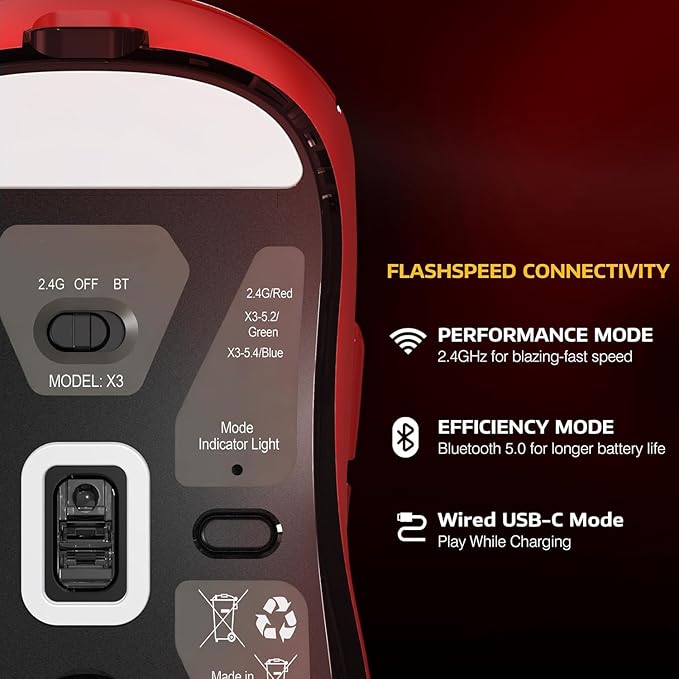 ATTACK SHARK X3 Wireless Gaming Mouse, 49g Bluetooth/2.4G/USB-C Ergonomic Computer Mouse, PAW3395 26K DPI Sensor, 200h Battery Life, Programmable Buttons Griptape, Gaming Accessories for PC/Laptop/Mac