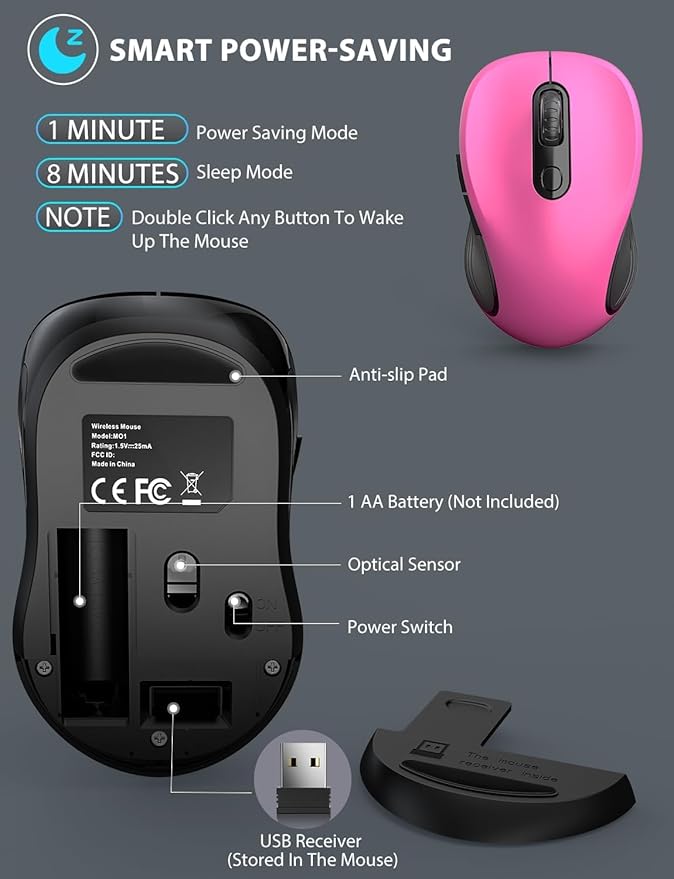 Trueque Wireless Mouse, 2.4GHz Ergonomic Mouse for Laptop & PC, Silent Portable Computer Mice with Back & Forward Buttons, USB-C Adapter for Windows/Mac, M01 (Fuchsia)