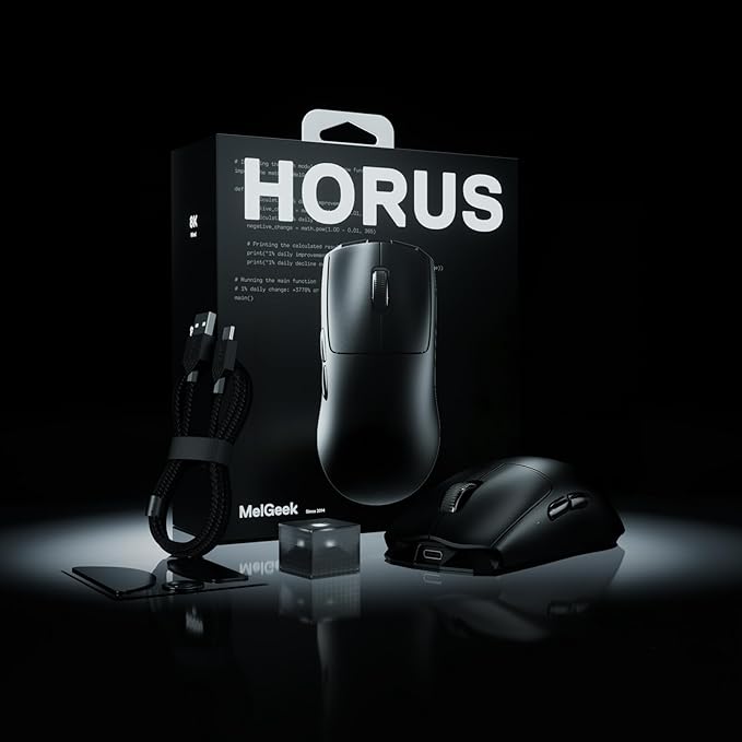 MelGeek Horus Lightweight Mouse, Wireless Gaming Mouse, 49g, 8K Polling, 30K DPI Sensor, 215 Hr Battery, 2.4G/USB-C, with Light Receiver, Fit for Medium and Large Hands - Black