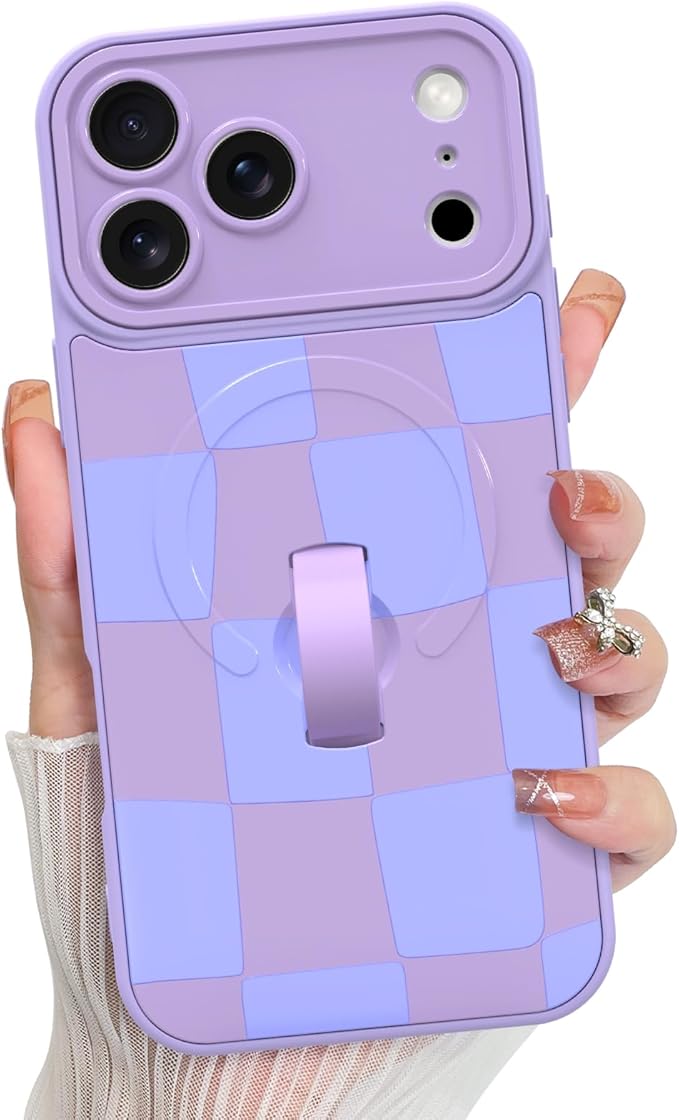 KANGHAR Compatible with iPhone 17 Pro Case, Support for MagSafe, Silicone Checkered Cute Pattern, Wristband Kickstand Camera Protection Soft Slim Cover for Girls Women -Purple