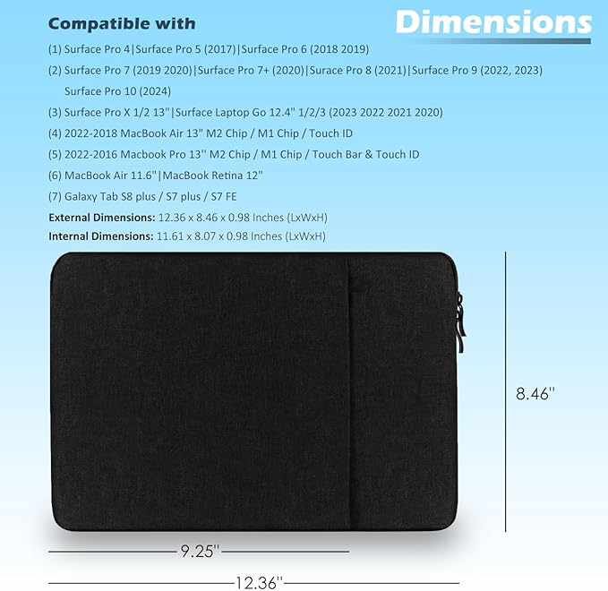 ProElife 12-Inch Laptop Tablet Sleeve Case for 2024-2014 Surface Pro 4/5/6/7/7+/8/9/10|Surface Laptop Go 1/2/3 12.4"|iPad Pro 12.9'' M2|Galaxy Tab S8+/S7+ Bag Water-Resistant Cover (Black)