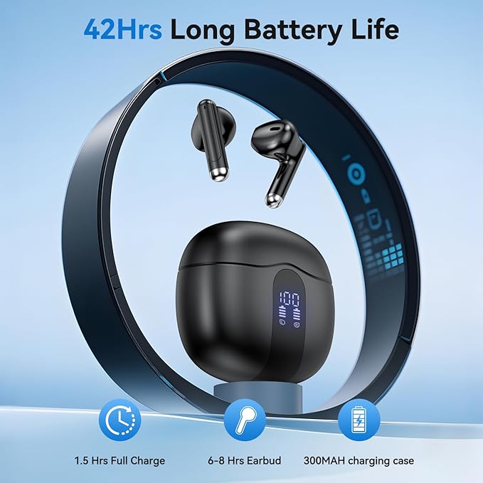 Wireless Earbuds, Bluetooth 5.4 Headphones HiFi Stereo with 4 HD Mic, 50H Playtime Bluetooth Earbuds with LED Display, IPX7 Waterproof Wireless Earphones, Touch Control Ear Buds,USB-C Black