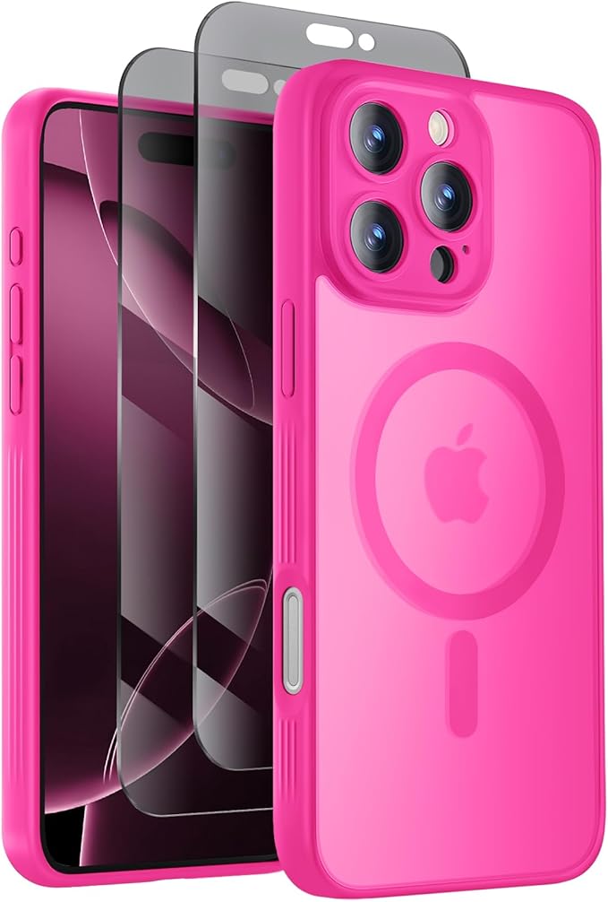 Symcele Designed for iPhone 16 Pro Max Case, Compatible with MagSafe, with Privacy Screen Protectors X2, [Camera Protection] [15FT Military Drop Protection] Shockproof Phone Case, 2024, Hot Pink