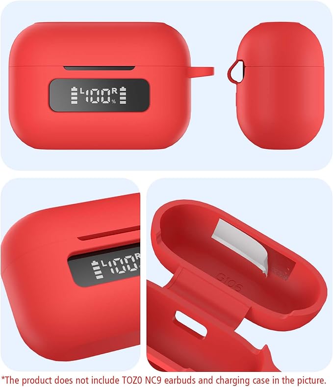 for TOZ0 NC9(2024) Case Cover, Silicone Protective Battery Display Visible Design Cover ONLY for TOZO NC9 Hybrid Active Noise Cancelling Wireless Earbuds 2024 Version with Carabiner-Red