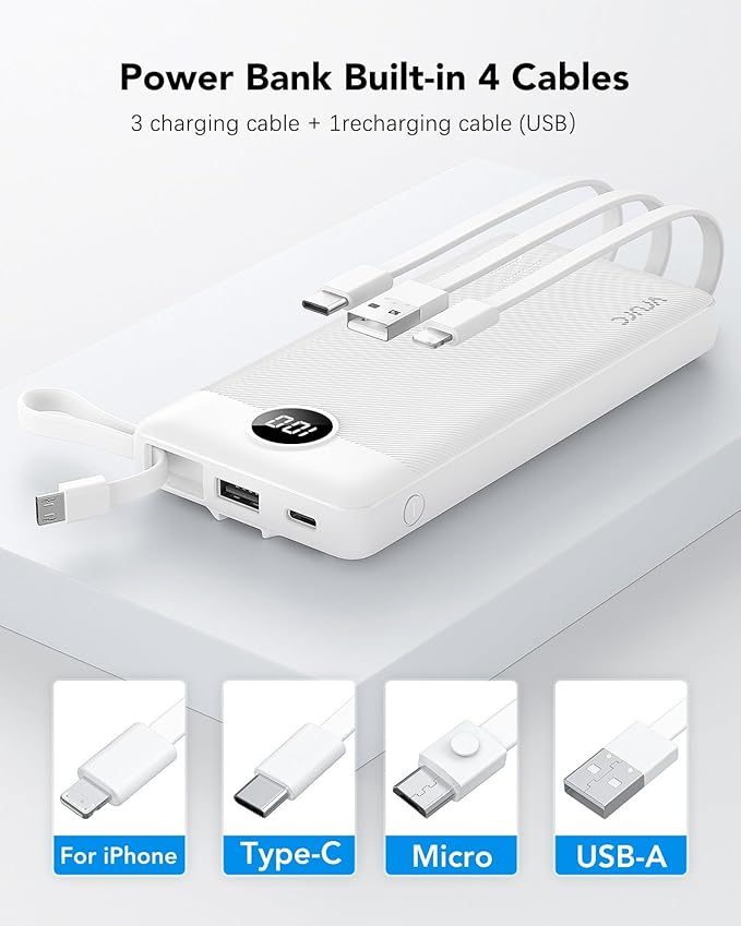 VRURC Portable Charger Built in Cables, Slim Power Bank 10000mAh, Multi Devices Charging Bank with Lanyard, USB C Battery Pack 5 Outputs for iPhone 17 Pro 17 16 15 14 13, Samsung Phones-White(1 Pack)