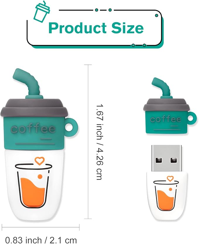 32GB Cute USB Flash Drive Computer Memory Stick Funny USB Pendrive for Teachers, Students, Family and Friends - Blue Coffee