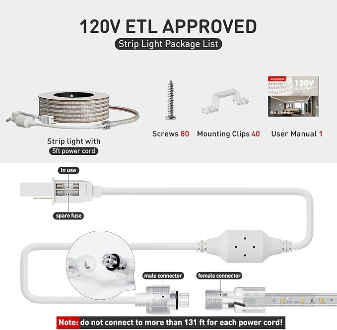 Shine Decor LED Strip Light Easy Connectable, 6000K Cool White Cold Resist Weatherproof Plug-in for Indoor Outdoor, 101 LM/FT Dimmable Bright Eco Rope Lighting 65FT, 120V Whole Set ETL Listed