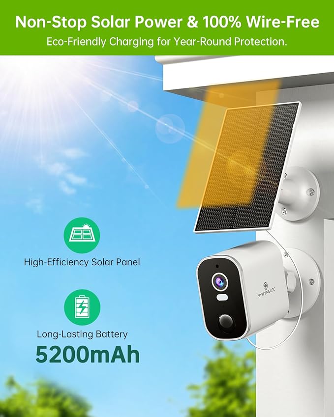 SYMYNELEC 2K Solar Security Cameras Wireless Outdoor 2-Pack, No Monthly Fee, Home Security System with Color Night Vision, Person Detection, Waterproof, Compatible with Alexa, 2.4GHz WiFi