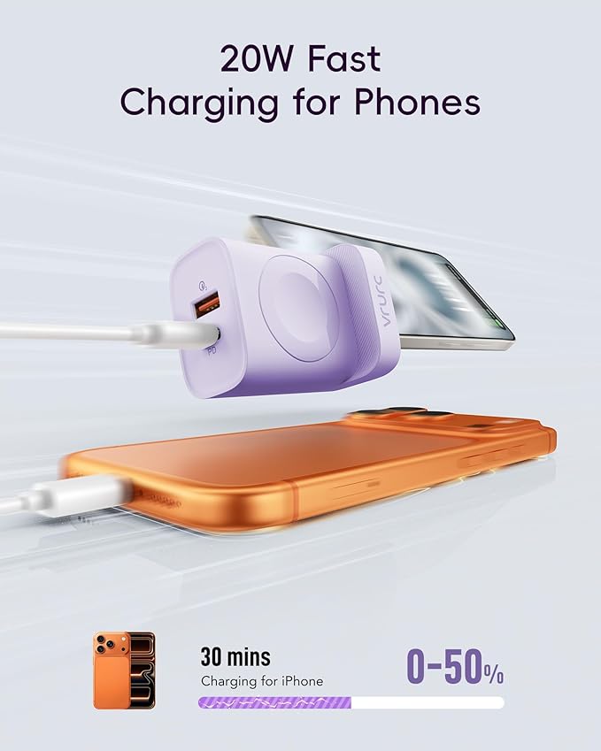 VRURC Charger for iPhone & Apple Watch, 20W USB C Fast Charging Block, 3-in-1 Compact Travel Adapter with 2 Port for iPhone 17/16/15/14/13, Wireless Magnetic for iWatch SE/11/10/9/8/7/6/5/4-Purple