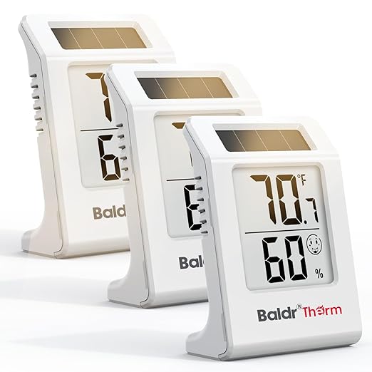 BaldrTherm 2.2'' Digital Thermometer and Hygrometer Meter, Solar-Powered Indoor Temperature Sensor Humidity Monitor, Humidity Gauge for Baby Rooms, Bedrooms, Home, Office, and Wine Cellars, 3Pack