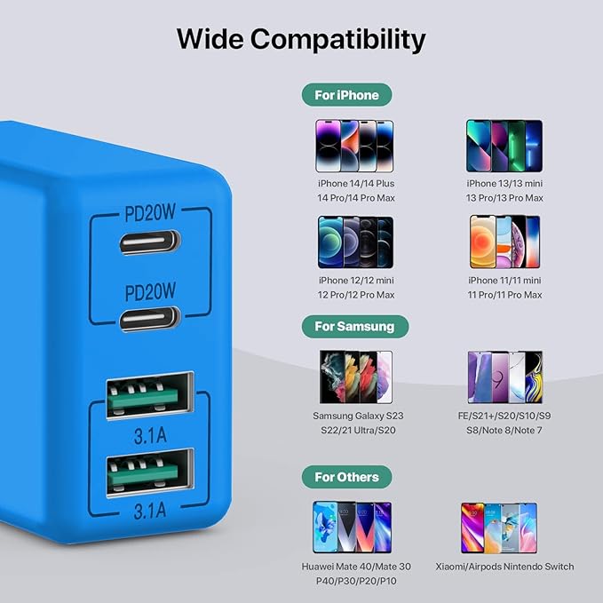 sccvee USB C Wall Charger, 40W 4-Port USB C Charger Block, Fast Charging Block Dual Port PD+QC Wall Plug Multiport Type C Compatible with iPhone 14/13/12/11/Pro Max/XS/XR/8/7, Tablet(Blue)