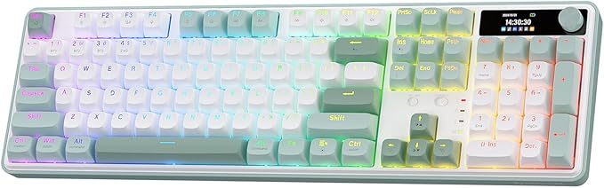 Redragon K761 Wireless Gasket Gaming Keyboard w/Hype Screen & Knob, 104 Keys Mechanical Keyboard, Easy-Control 1.26’’ TFT Info Display, 5-Layer Noise Dampening, Custom Linear Switch, Jade Cloud Color