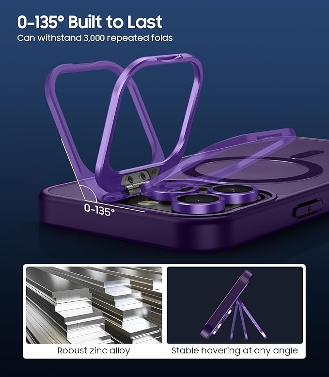 TOBOVON for iPhone 14 Pro Case, Compatible with MagSafe, Built-in Camera Ring Stand, with Individual Camera Cover, Translucent Matte Military-Grade Drop Protection Magnetic Case, Purple