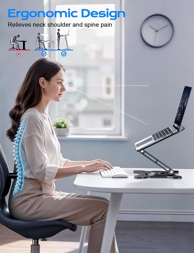 JCZT Adjustable Laptop Stand, 360° Rotating Base Ergonomic Computer Stand, Foldable Laptop Stand for Desk for Office Home Fits Compatible with MacBook Pro Air (10-16") - Black