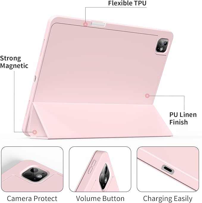 for iPad Pro 13 inch Case (M5/M4) 2025/2024, Slim Protective Cover with Pencil Holder, Soft TPU Back Cover, Trifold Stand, Auto Wake/Sleep, A2925 A2926 A3007 A3362 A3359 (Pink)