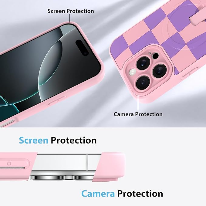 KANGHAR Compatible with iPhone 16 Pro Max Case, Support for MagSafe, Silicone Checkered Cute Pattern, Wristband Kickstand Camera Protection Soft Slim Cover for Girls Women -Pink