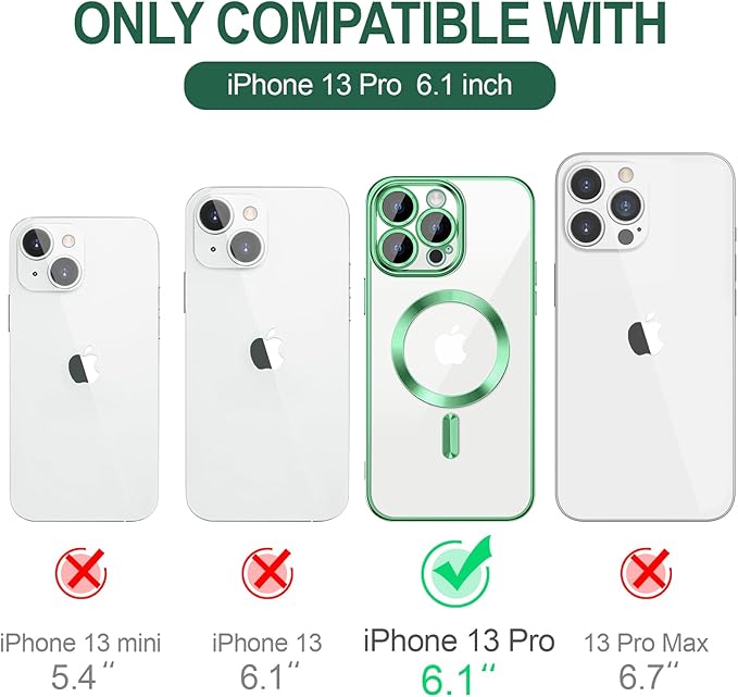 Hython Magnetic Clear for iPhone 13 Pro Case with Camera Lens Protector [Compatible with MagSafe] Luxury Plating Edge Slim Soft TPU Cover Protective Phone Case for iPhone 13 Pro 6.1", Light Green