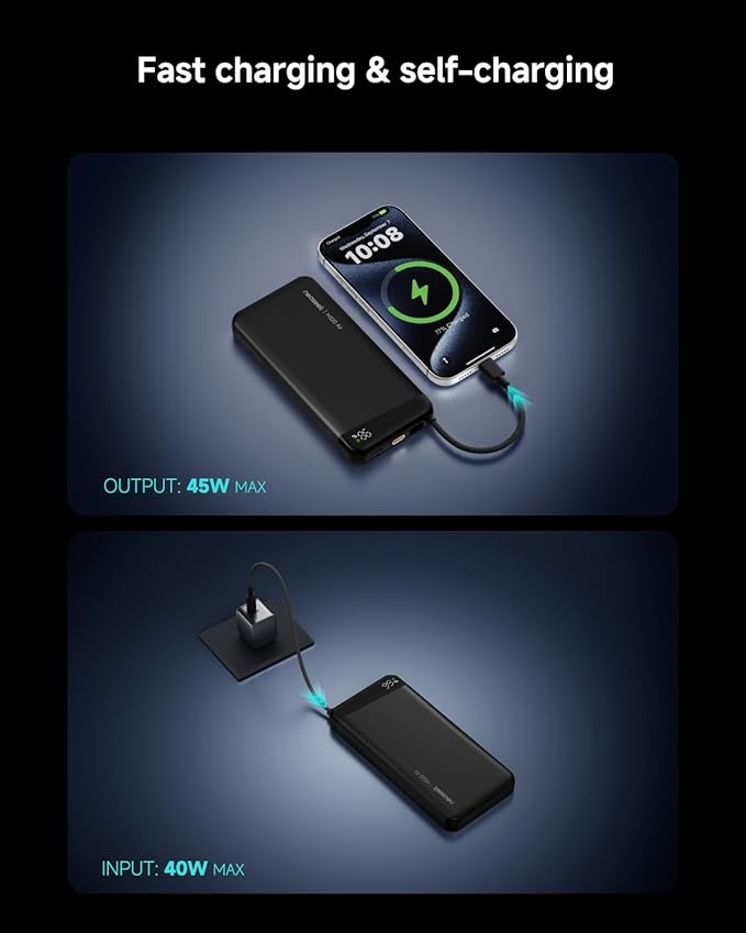 Ultra-Thin 20,000mAh Power Bank, 45W Max Fast Charging Battery Pack, Built-in USB-C Cable for iPhone 17/16 Series, Galaxy, MacBook, and More