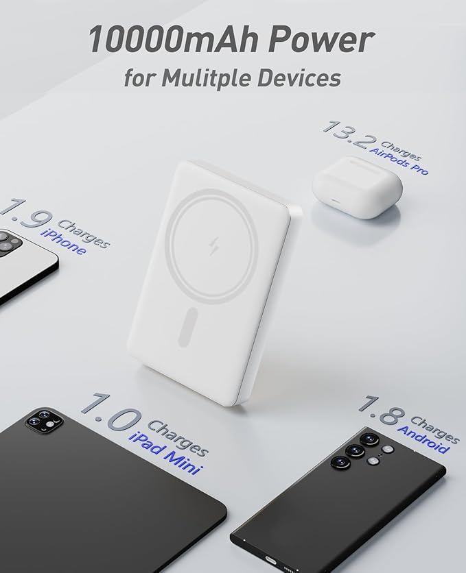 BBD Magsafe Portable Charger,10000mAh Magnetic Power Bank Fast Charging PD 20w with USB C Cable,Slim Magsafe Battery Pack,Wireless Power Bank for iPhone 17/16/15/14/13/12 Series 1 Pack-White