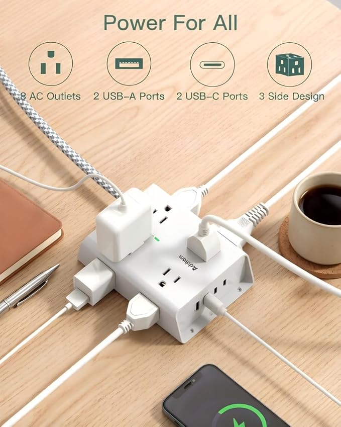 Addtam Surge Protector Power Strip, 8 Widely Outlets with 4 USB Ports (2 USB C), 15ft Extension Cord with Multiple Outlets, 3 Side Outlet Extender, Flat Plug, Wall Mount, ETL, White
