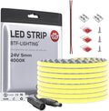 BTF-LIGHTING FCOB COB 5mm Width UL Listed Super Narrow Flexible Uniform Light LED Strip 16.4FT DC24V 4000K CRI 90+ Dimmable LED Ribbon for Kitchen Home Indoor Decoration(No Adapter or Controller)