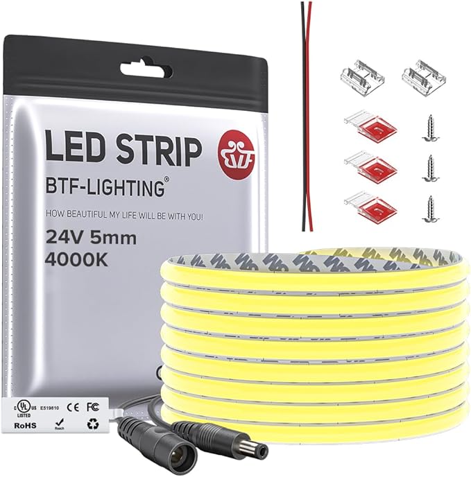 BTF-LIGHTING FCOB COB 5mm Width UL Listed Super Narrow Flexible Uniform Light LED Strip 16.4FT DC24V 4000K CRI 90+ Dimmable LED Ribbon for Kitchen Home Indoor Decoration(No Adapter or Controller)