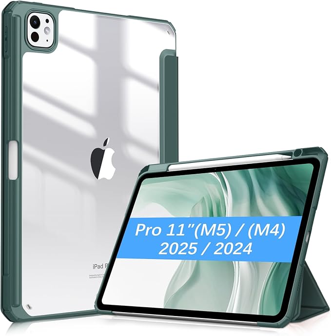 Fintie Hybrid Slim Case for iPad Pro 11-inch (M5) 2025 / (M4) 2024 - [Built-in Pencil Holder] Shockproof Protective Cover with Clear Transparent Back Shell, Midnight Green