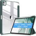 Fintie Hybrid Slim Case for iPad Pro 11-inch (M5) 2025 / (M4) 2024 - [Built-in Pencil Holder] Shockproof Protective Cover with Clear Transparent Back Shell, Midnight Green